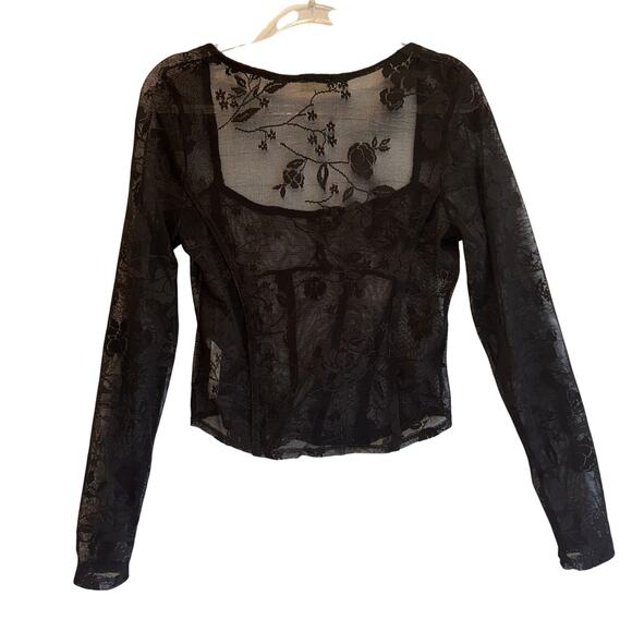 Free People Intimately Black Sheer Floral Lace Long Sleeve Mesh Top Large boho - Picture 1 of 6